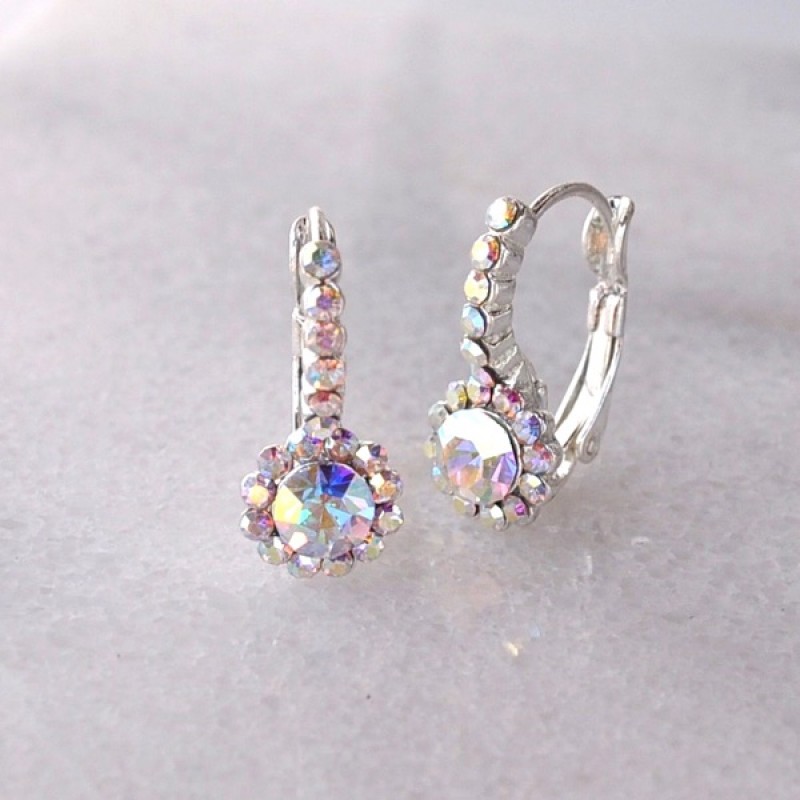 Austrian Crystal Lever Back Earrings with Center Stone Accented with 19 Crystals - Item #25161W- 3/4 in.