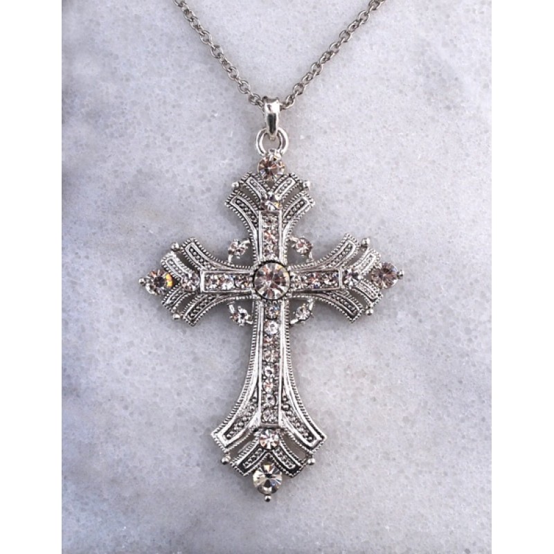 Austrian Crystal Cross Necklace - Item #13012 - 2 1/2 in. x 3 1/2 in.  w/18 in. + 3 in. extend chain