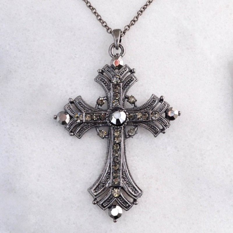 Austrian Crystal Cross Necklace - Item #13012 - 2 1/2 in. x 3 1/2 in.  w/18 in. + 3 in. extend chain