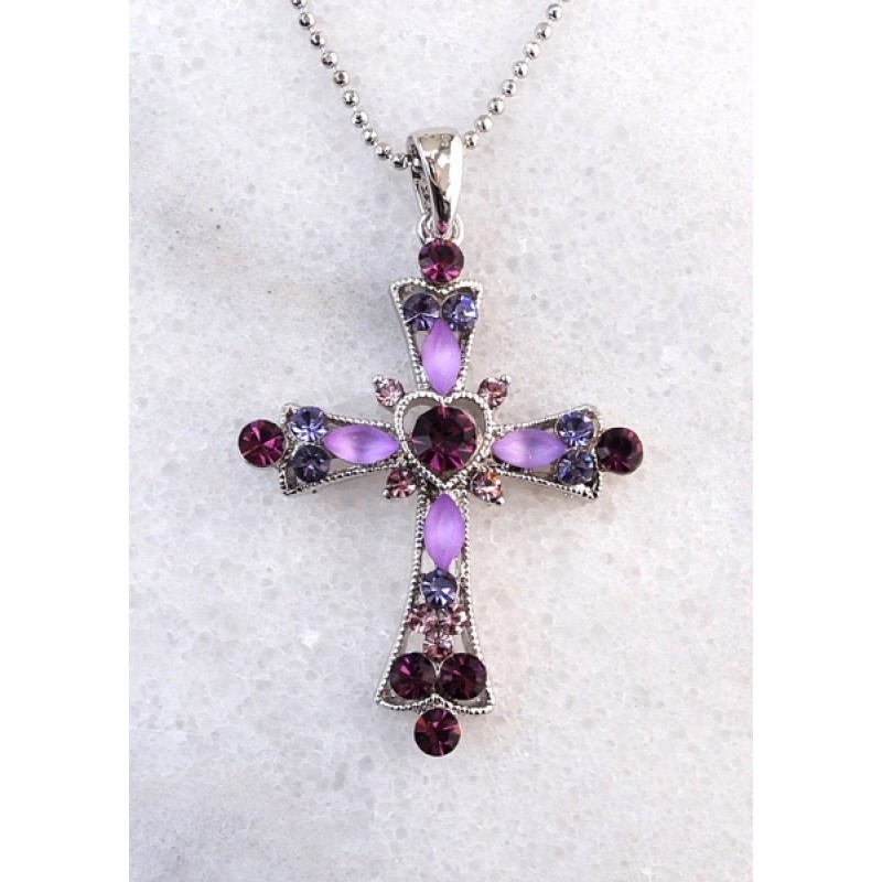Austrian Crystal/ Cabochon Cross Necklace 1 1/4 in x 2 in Cross + 18in chain