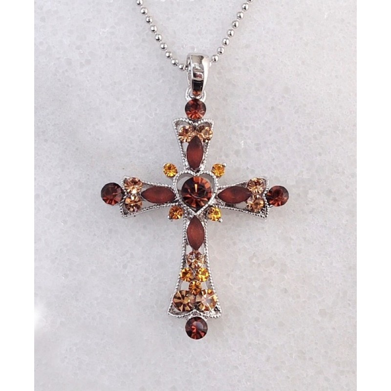 Austrian Crystal/ Cabochon Cross Necklace 1 1/4 in x 2 in Cross + 18in chain