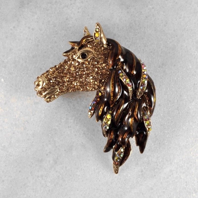 Austrian Crystal Brown Horse Head Pin - Item #AB12821A -  2 1/4 in. W x 2 3/4 in. L