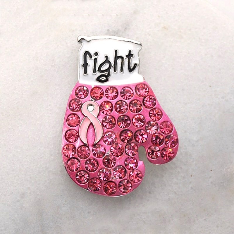 Austrian Crystal Pink Ribbon "Fight" Pin - Item #EA2399 Size is 1 and 3/4 in x 1 and 5/8 in.