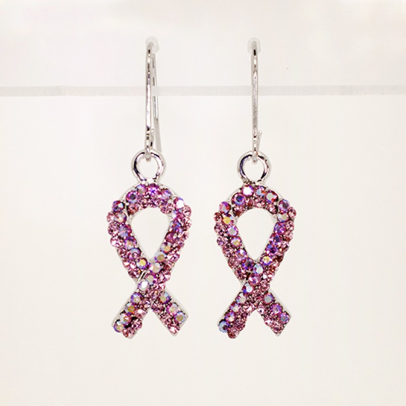 Austrian Crystal Pink Ribbon Earrings - Item # KK55 - 5/8 in x 1 3/4 in